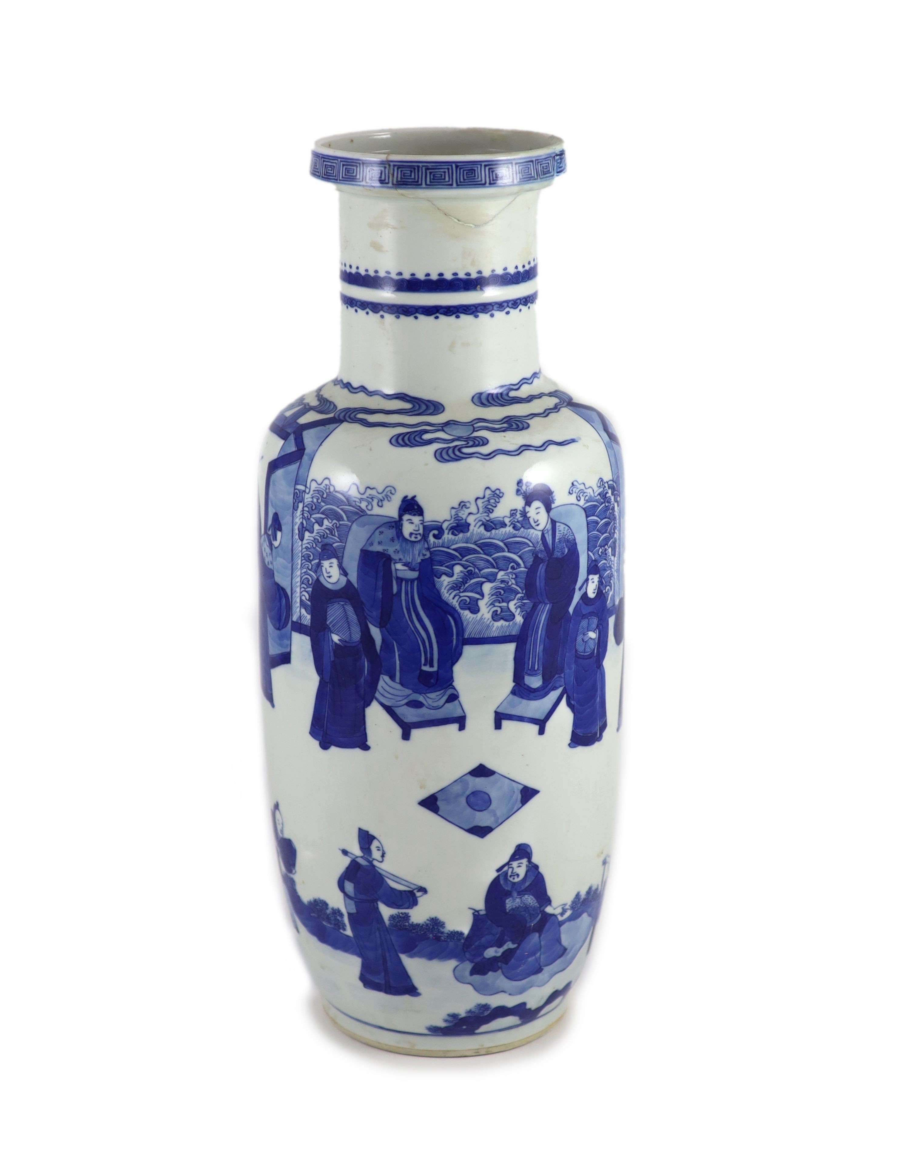 A Chinese blue and white rouleau vase, 19th century 44cm high, neck broken and restored